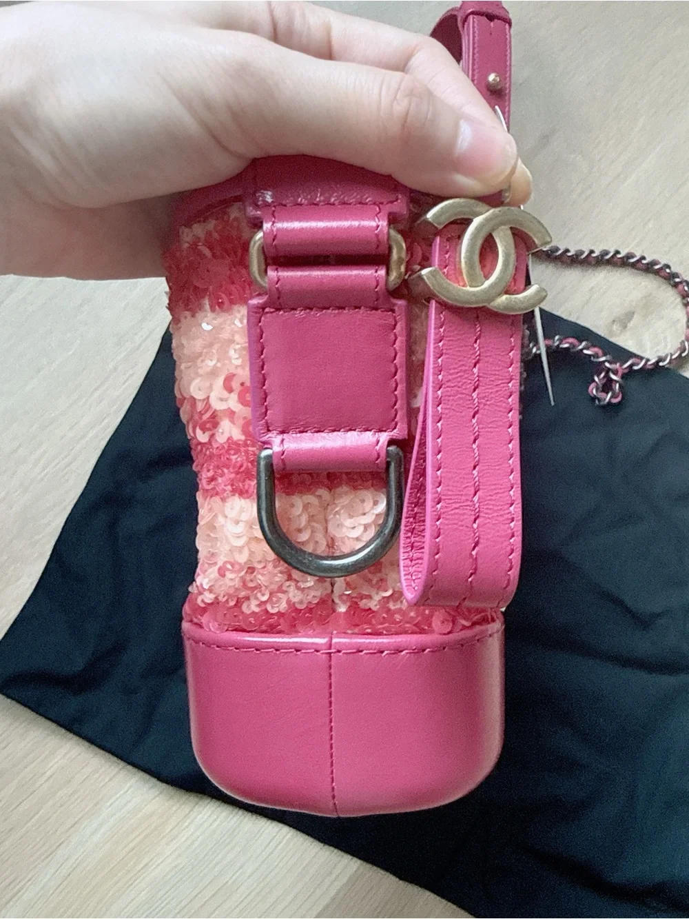 New-like CHANEL Sequin Calfskin Small Gabrielle Hobo Pink